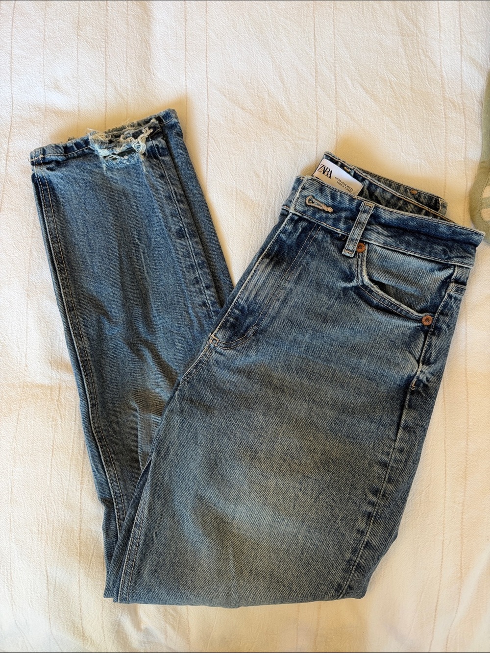 Zara Straight-Leg Distressed Blue Denim Jeans